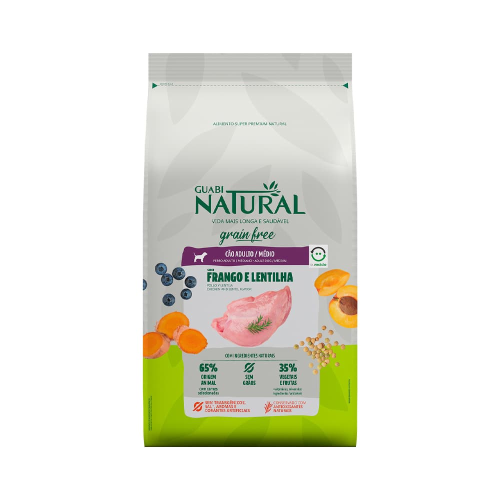Guabi Natural Grain Free Adultos Portes Médio Frango e Lentilha